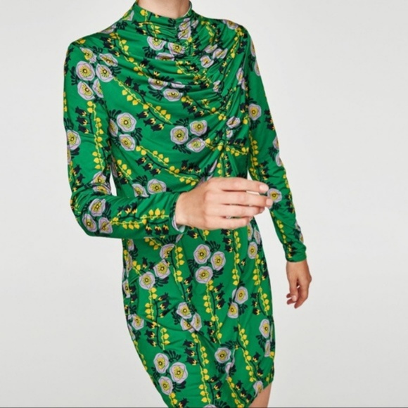 Zara NWT Green Draped Floral Dress - Picture 7 of 10